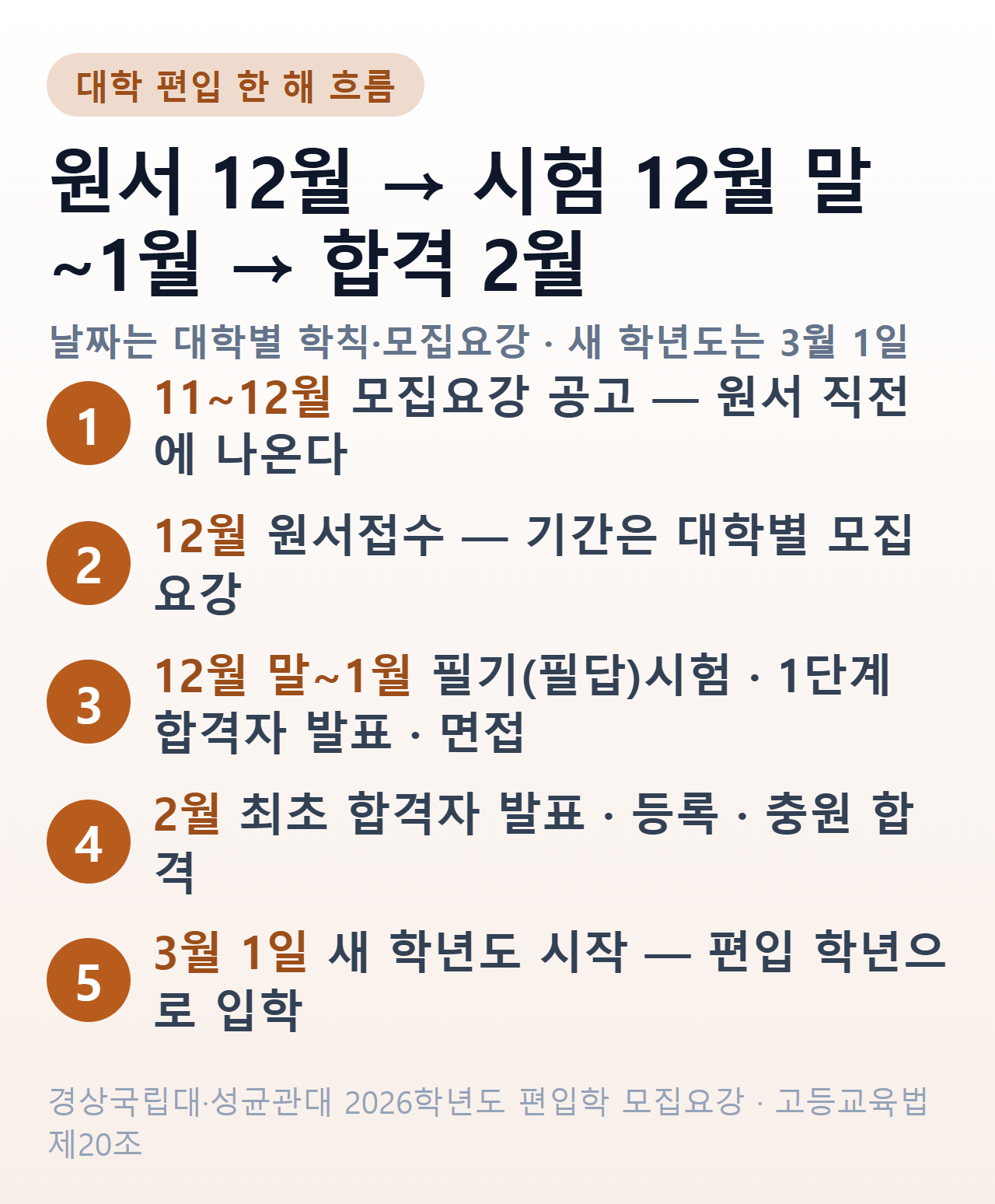대학 편입 한 해 흐름 — 원서 12월, 필기·면접 12월 말~1월, 최초 합격 발표·등록·충원 2월, 3월 1일 새 학년도