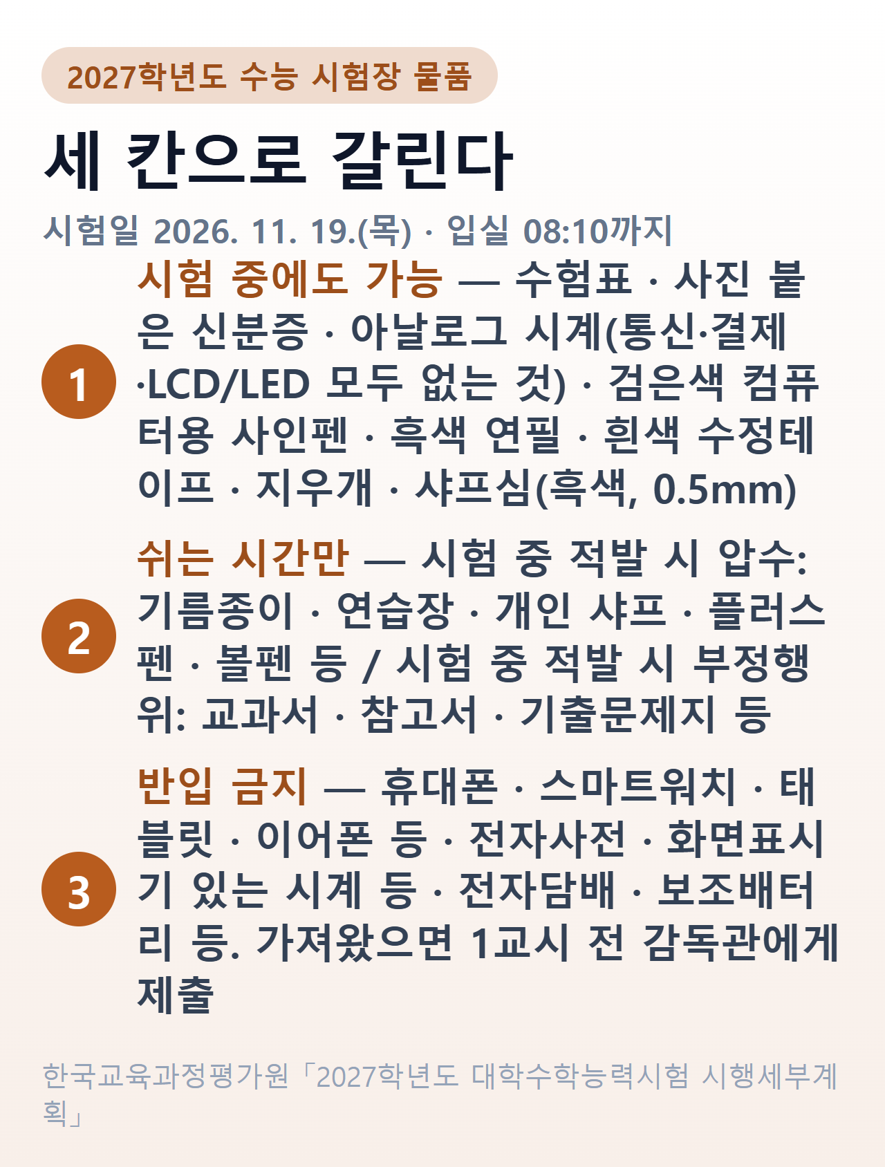 2027학년도 수능 시험장 물품 세 갈래 — 시험 중 가능·쉬는 시간만·반입 금지